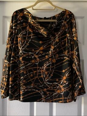 Ann Taylor Black Blouse with Gold Chain-Print